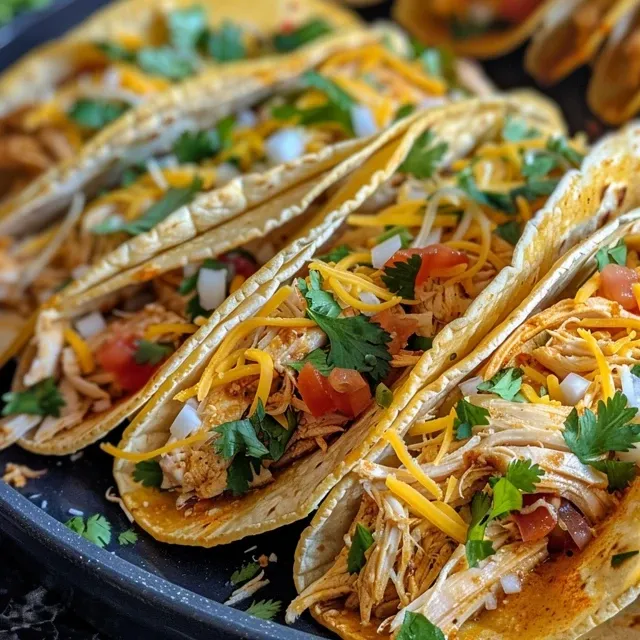 Mini tacos de pollo en un plato blanco, con ingredientes frescos alrededor.