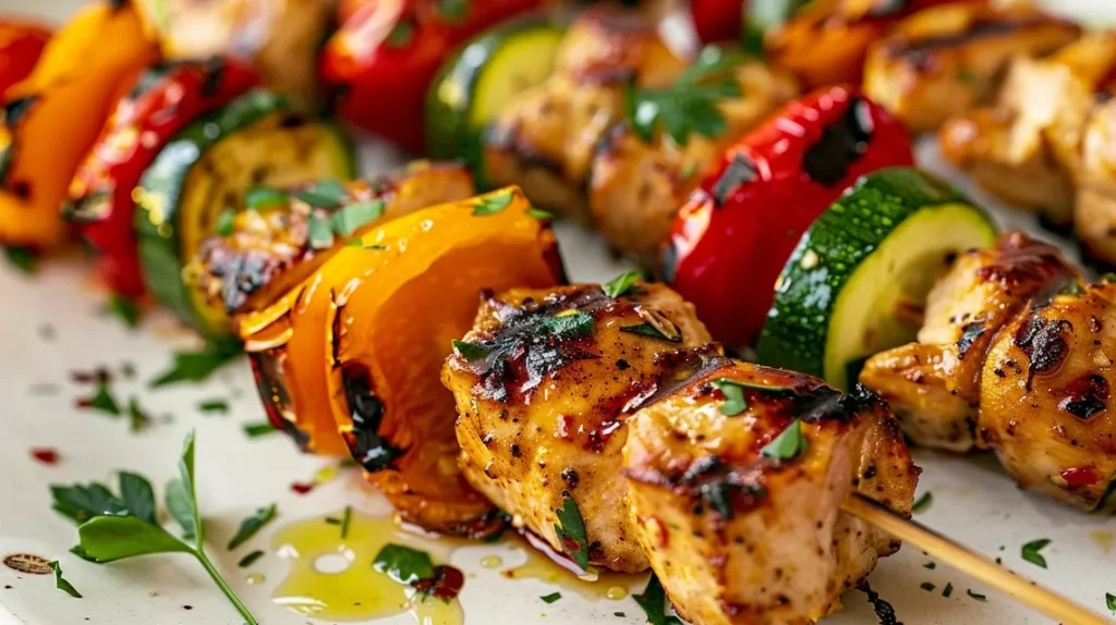 Brochetas de pollo marinado con verduras, mostrando colores vibrantes y textura jugosa.