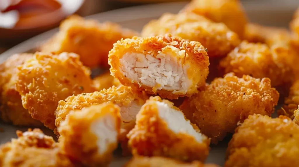 Nuggets de pollo caseros crujientes al horno en un plato blanco.