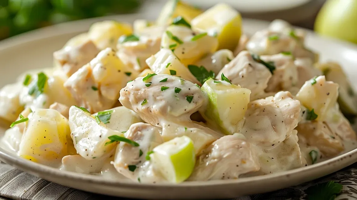 Un primer plano de Ensalada Cremosa de Pollo, Papa y Manzana presentada en un plato blanco.