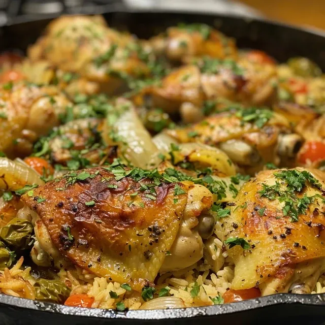 A vibrant plate of chicken and rice with vegetables in a frying pan.