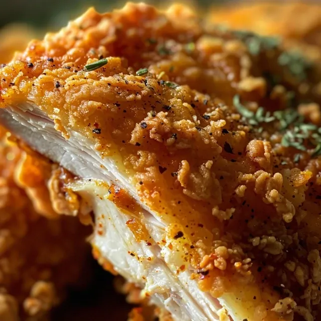 Vista lateral de un pollo frito bien dorado, mostrando su textura crujiente.