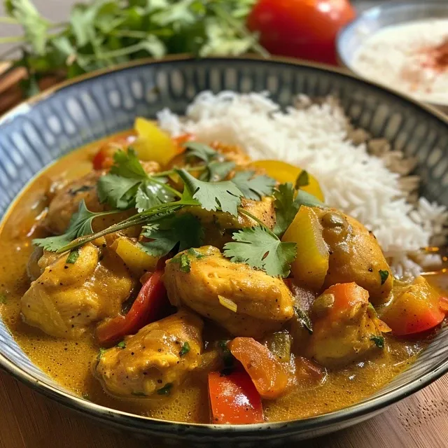 Primer plano de pollo al curry con leche de coco y pimientos rojos.