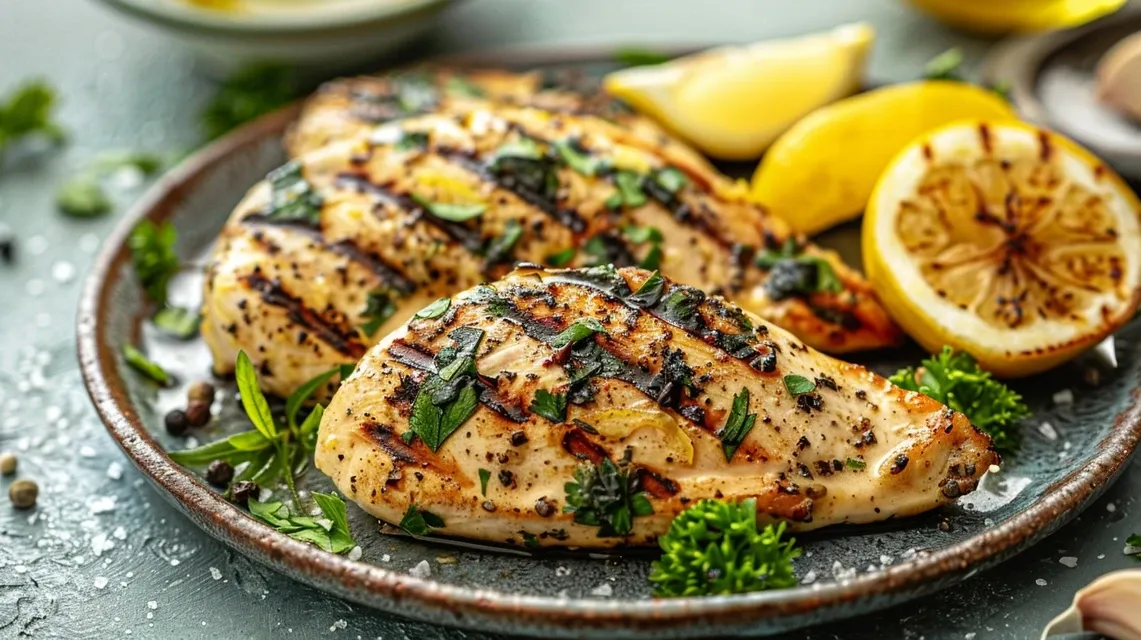 Vista lateral de filetes de pollo en salsa de ajo y limón.