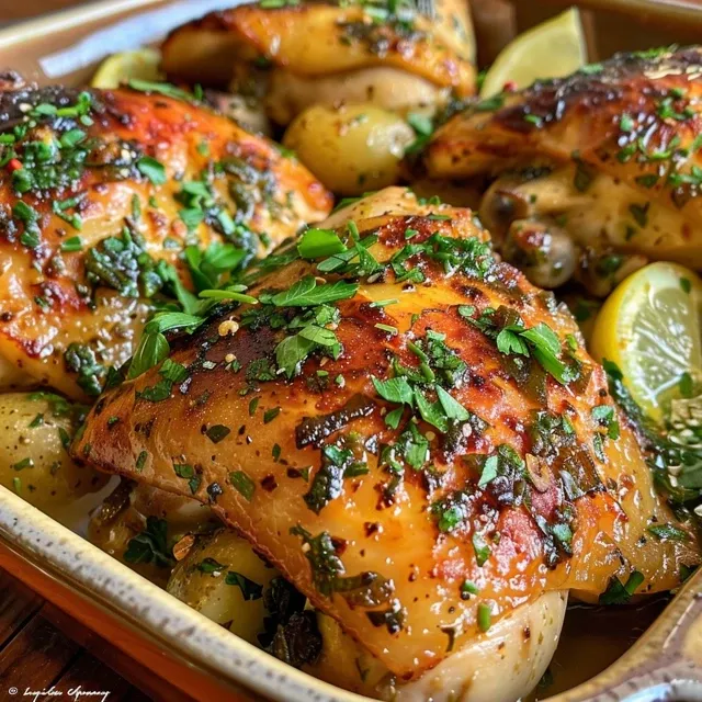Primer plano de pechugas de pollo sazonadas con ajo y hierbas, adornadas con limón.