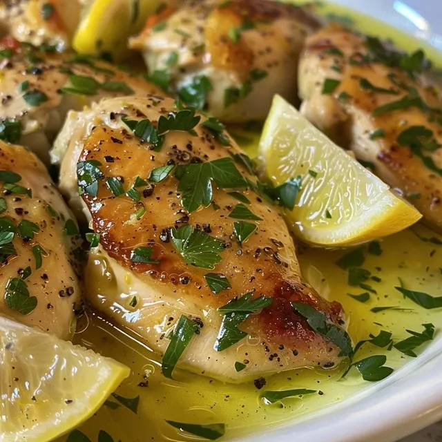 Primer plano de Pollo al Limone, mostrando trozos jugosos de pollo y decoraciones de limón.