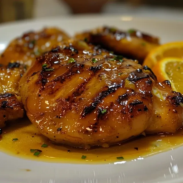 Primer plano de pechuga de pollo bañada en salsa de naranja y mostaza.