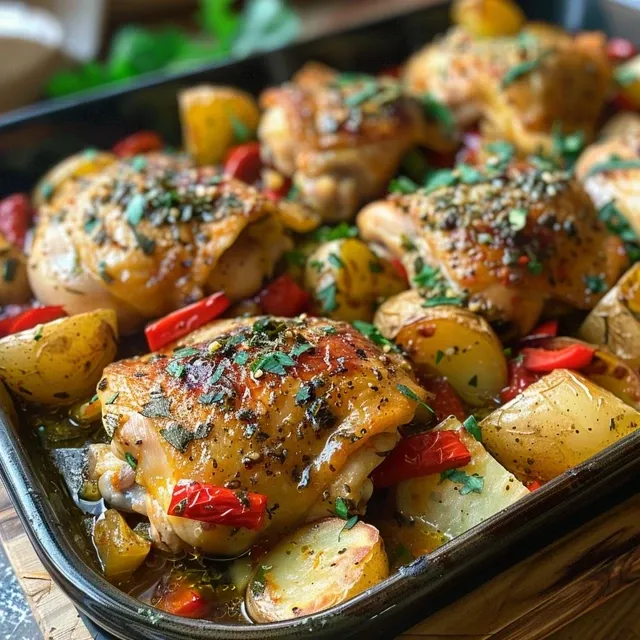 Vista cercana de un plato de Pollo al horno con guarnición de patatas y limón.