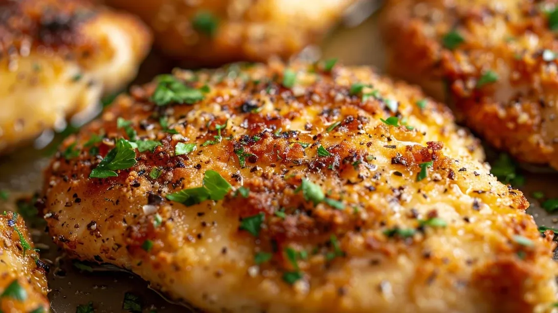 Vista lateral de un plato de Pollo empanado acompañado de perejil.