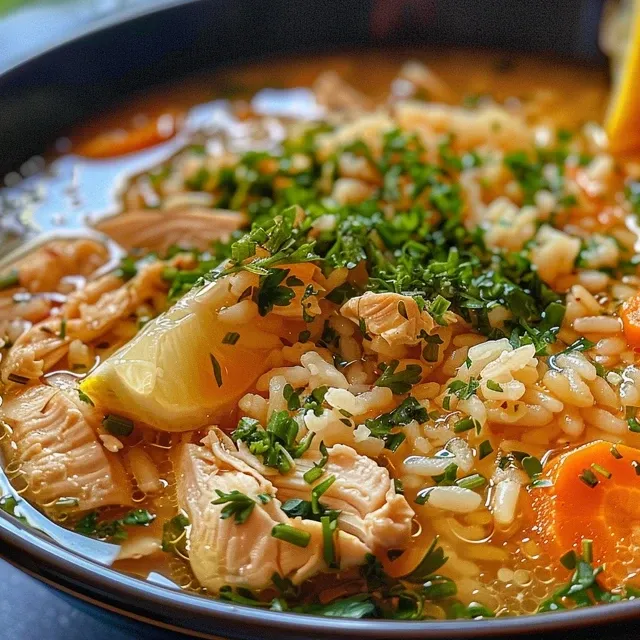 Vista lateral de un tazón de Sopa de pollo con arroz y pollo al limón, con ingredientes frescos alrededor.