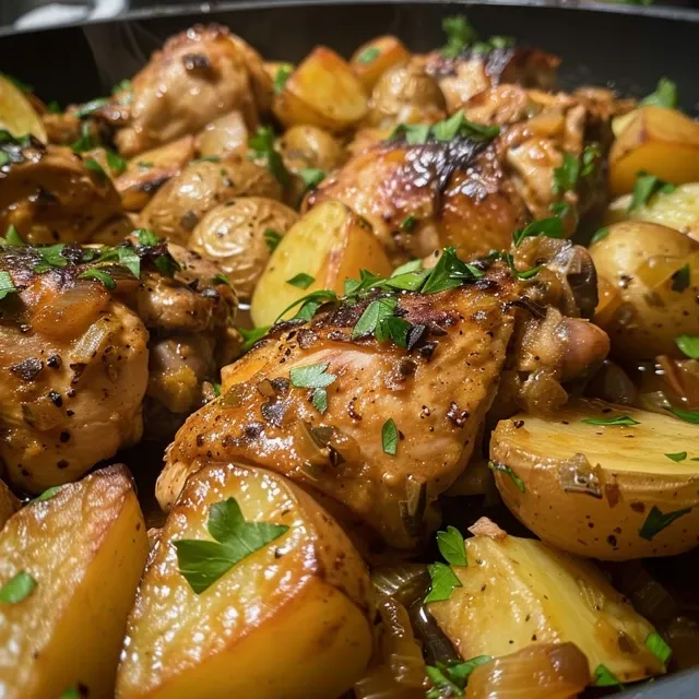 Primer plano de estofado de pollo, mostrando carne jugosa y verduras frescas.