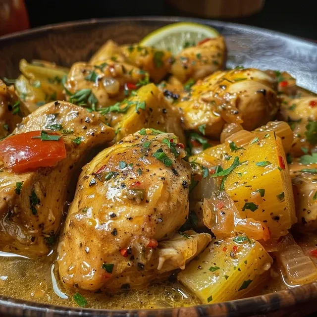 Close-up de un delicioso Pollo guisado, mostrando textura jugosa y acompañamientos coloridos.