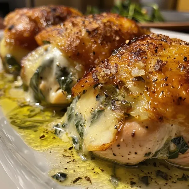 Side angle of Pechugas de Pollo Rellenas de Espinacas on a plate.