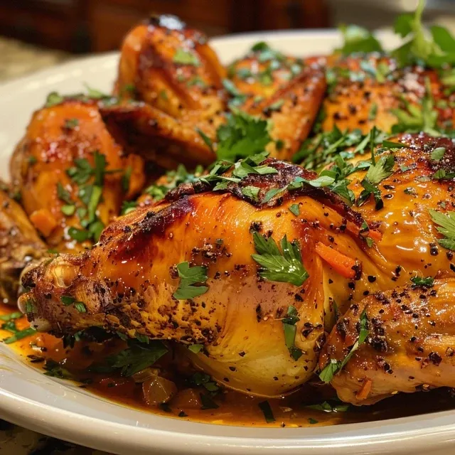 Vista lateral de un plato con Pollo miel ajo fácil jugoso.