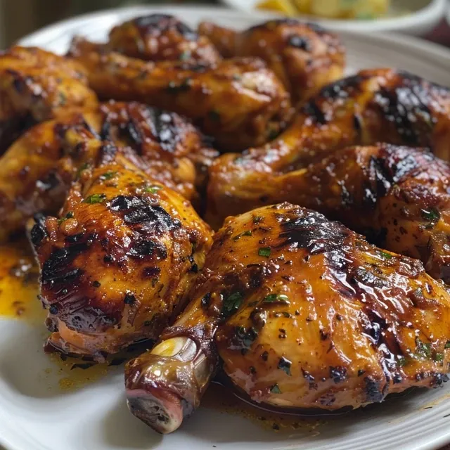 Primer plano de muslos de pollo con salsa barbacoa y calabacín.