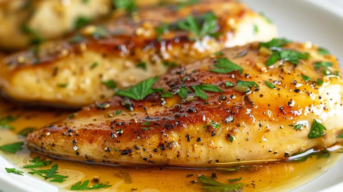Vista lateral de filetes de pollo glaseados con mostaza y miel.