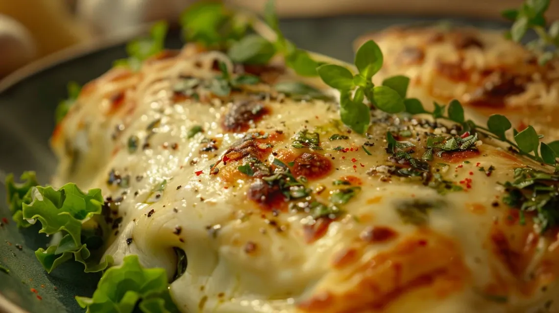 Placa de Pollo Relleno, con espinacas y queso al ajo, enfocada en los ingredientes visibles.