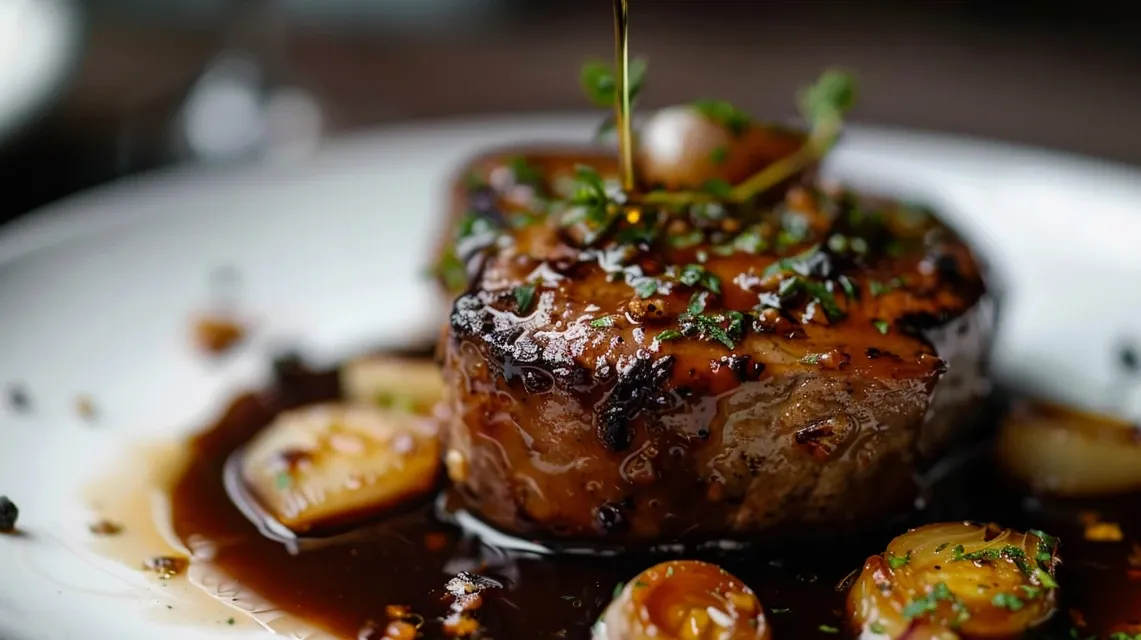 Side view of a deliciously glazed Pollo Mostaza Miel on a plate.