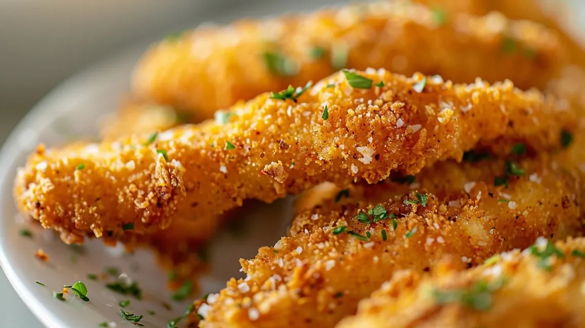 Pequeñas tiras de pollo horneadas, crujientes y doradas.