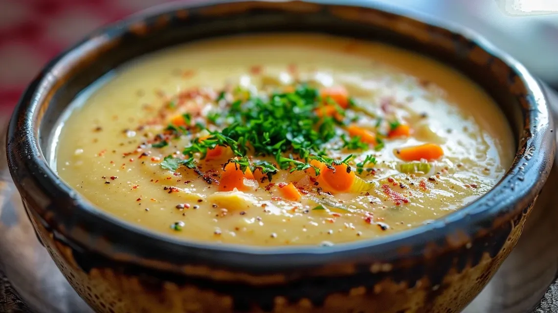 Primer plano de Sopa Cremosa de Verduras, mostrando los ingredientes frescos y cremosos.