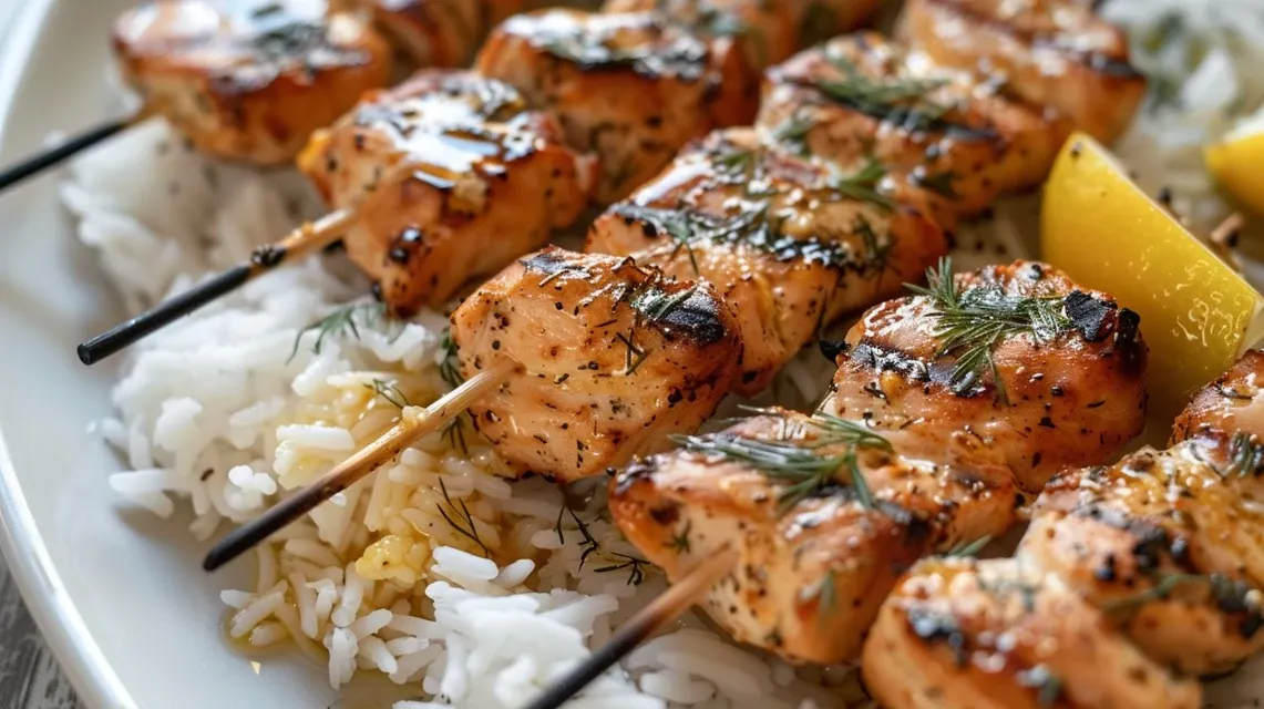 Porción de brochetas de pollo marinadas, acompañadas de arroz con limón.