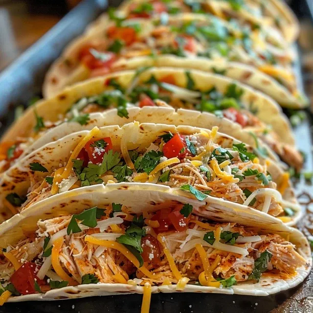 Primer plano de mini tacos de pollo, con guarniciones coloridas y jugosas.
