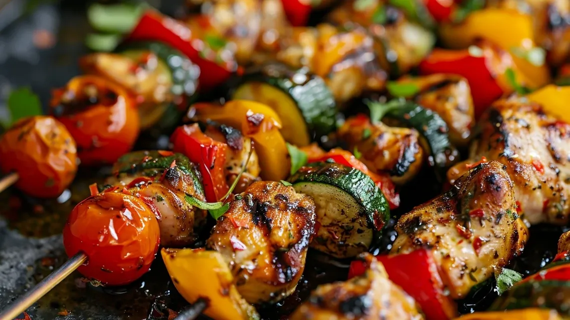 Detalle de brochetas de pollo con tomates cherry, cebolla y pimientos en un plato.