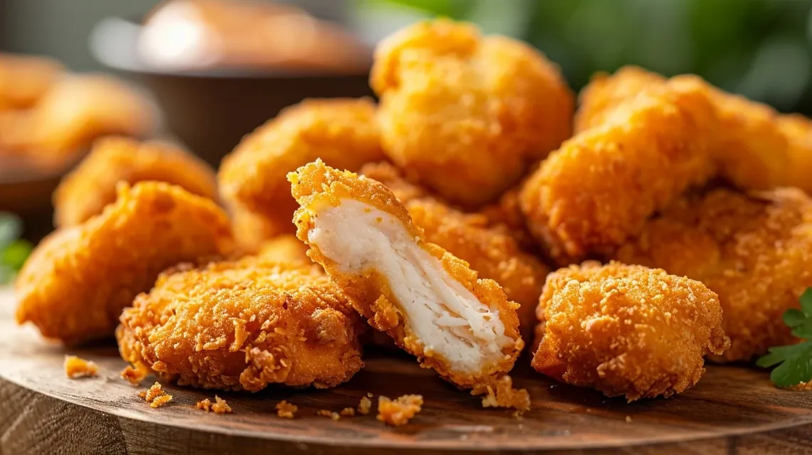 Primer plano de nuggets de pollo al horno dorados y crujientes.
