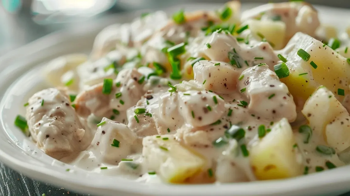 Vista lateral de un apetitoso plato de Ensalada Cremosa, mostrando pollo, papa y manzana.