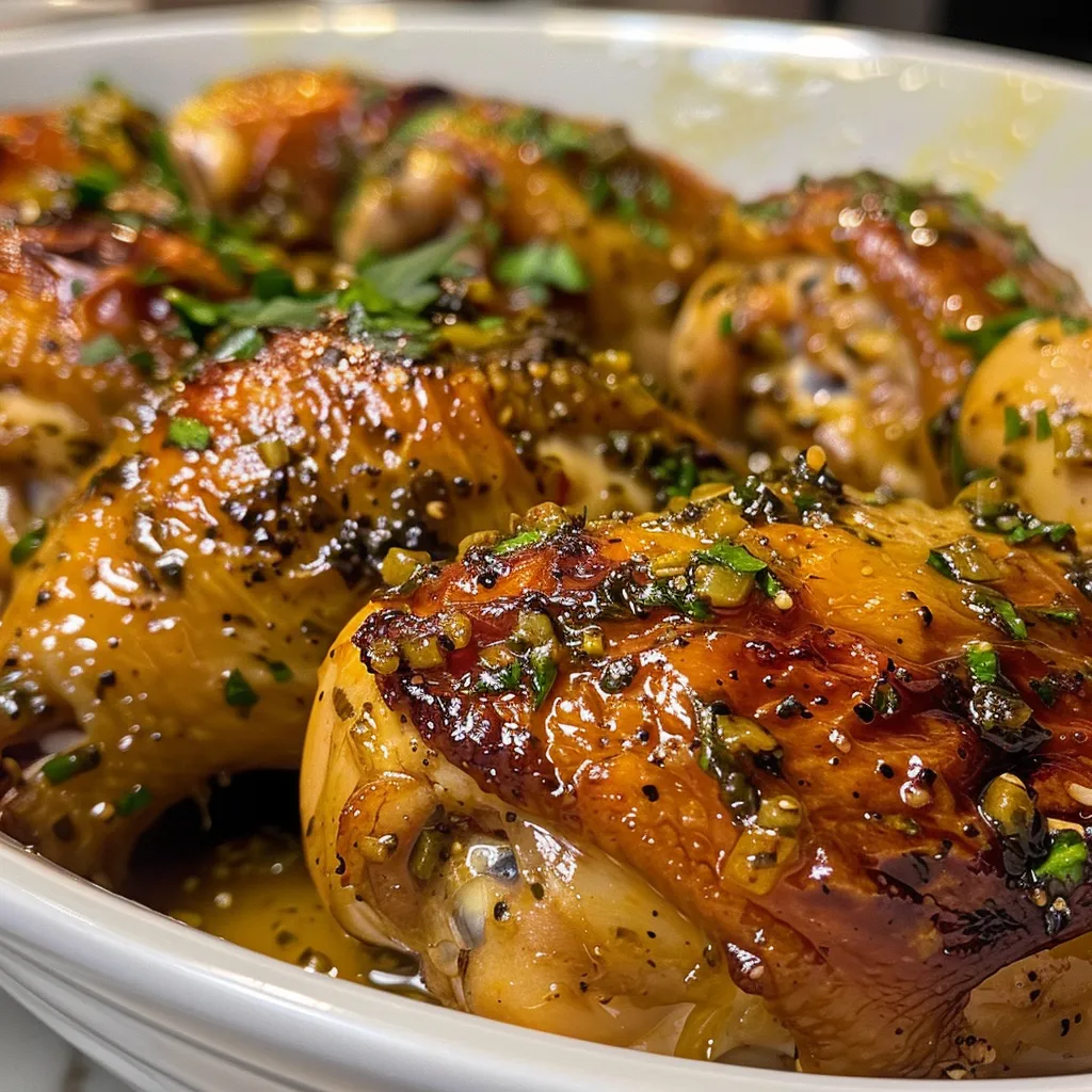 Tazón de Adobo de pollo humeante, con muslos jugosos y especias.