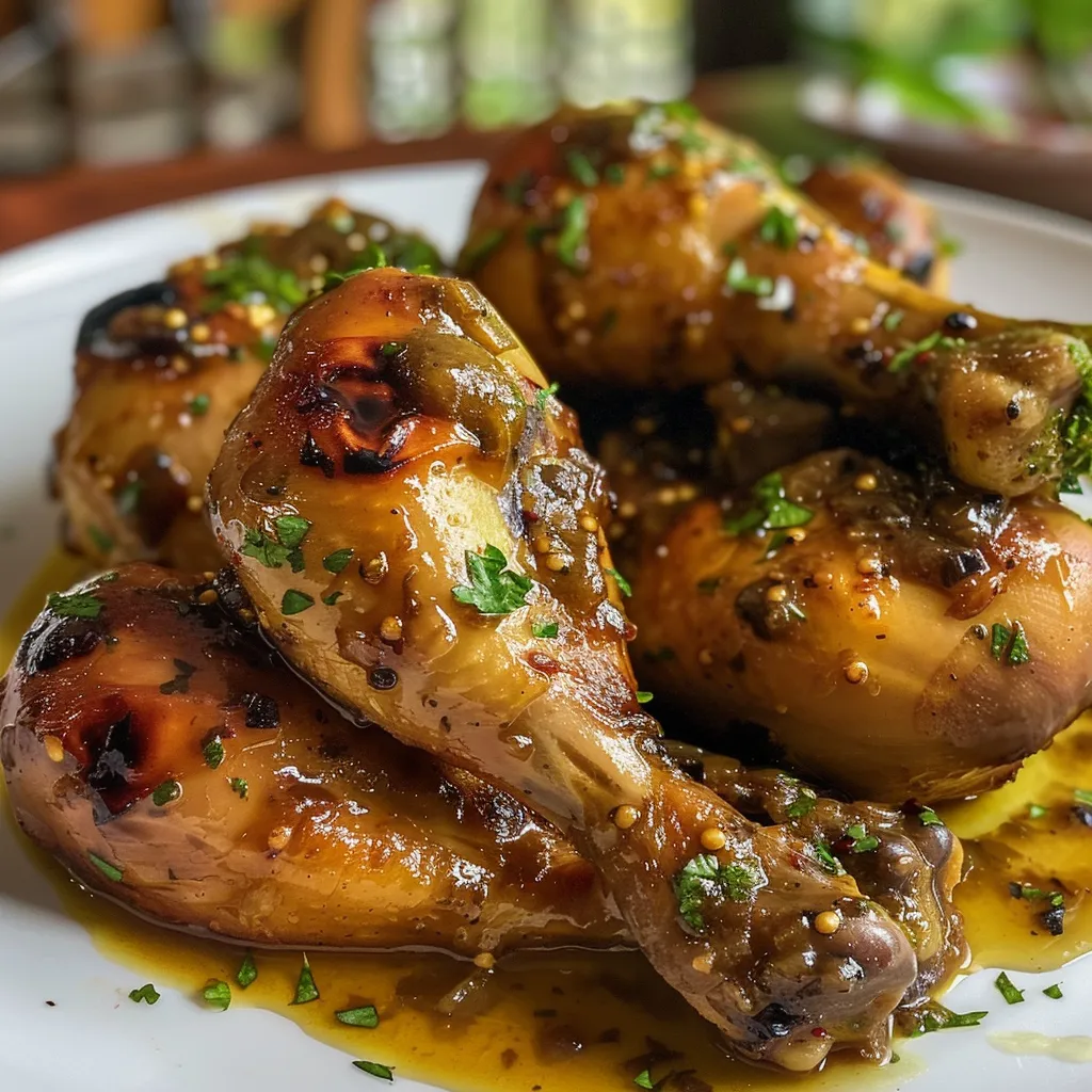 Close up de un plato de Adobo de pollo, mostrando su textura jugosa y colorido.
