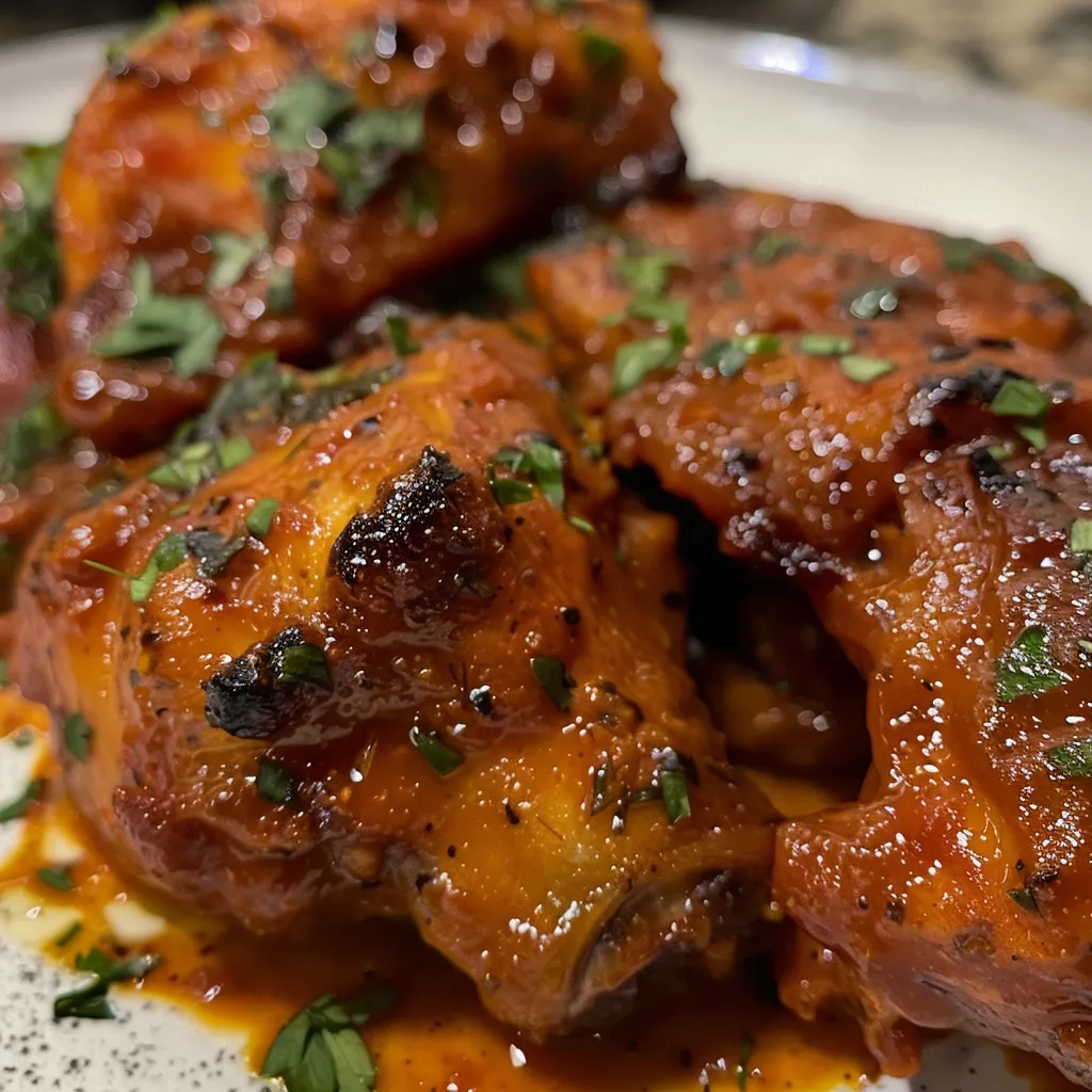Vista lateral de alitas de pollo caramelizadas con salsa barbacoa.