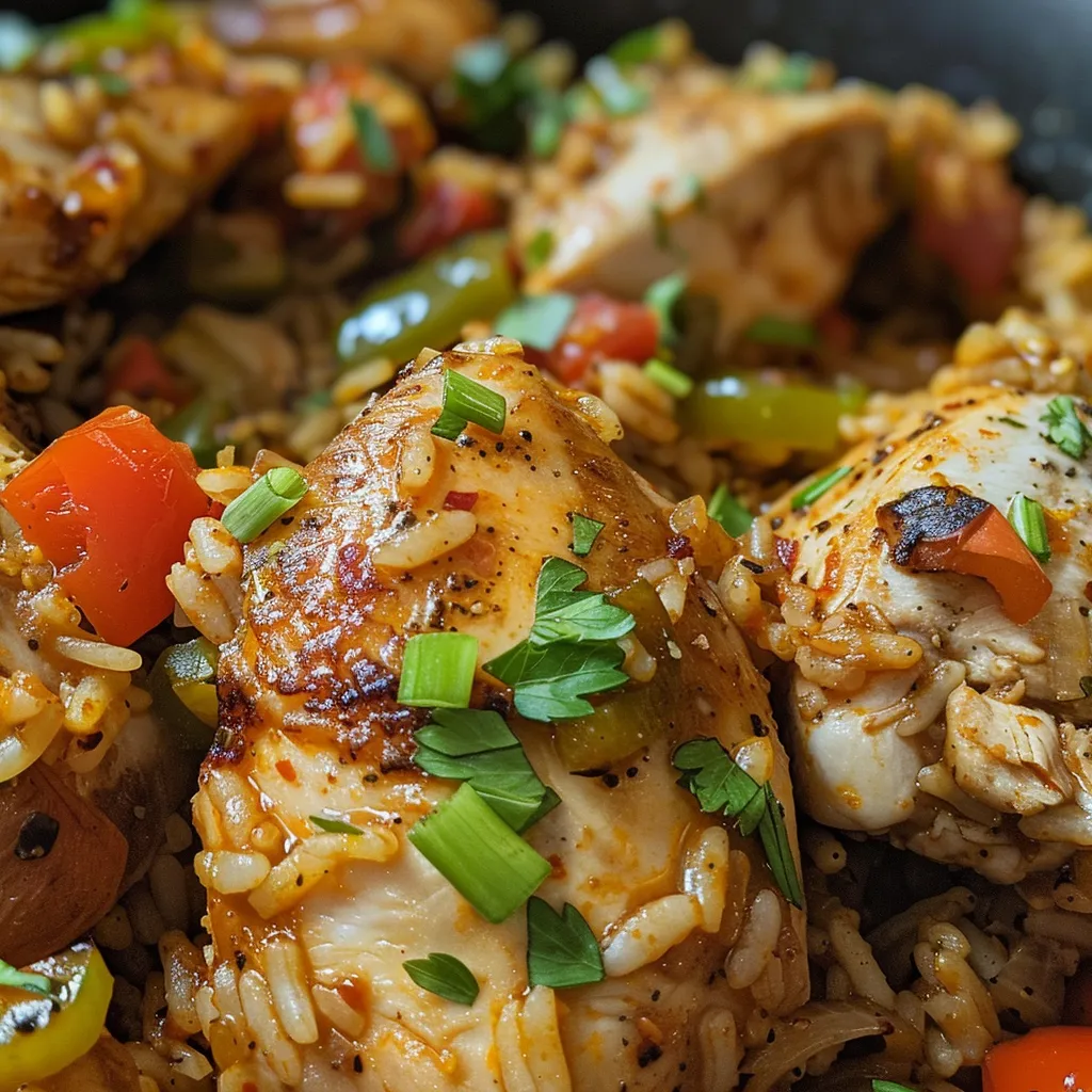 Primer plano de un plato de Arroz con Pollo, con trozos jugosos de pollo y arroz dorado.