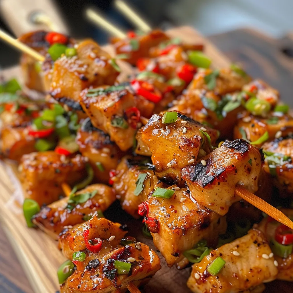 Primer plano de pinchos de pollo jugosos con colores vibrantes.