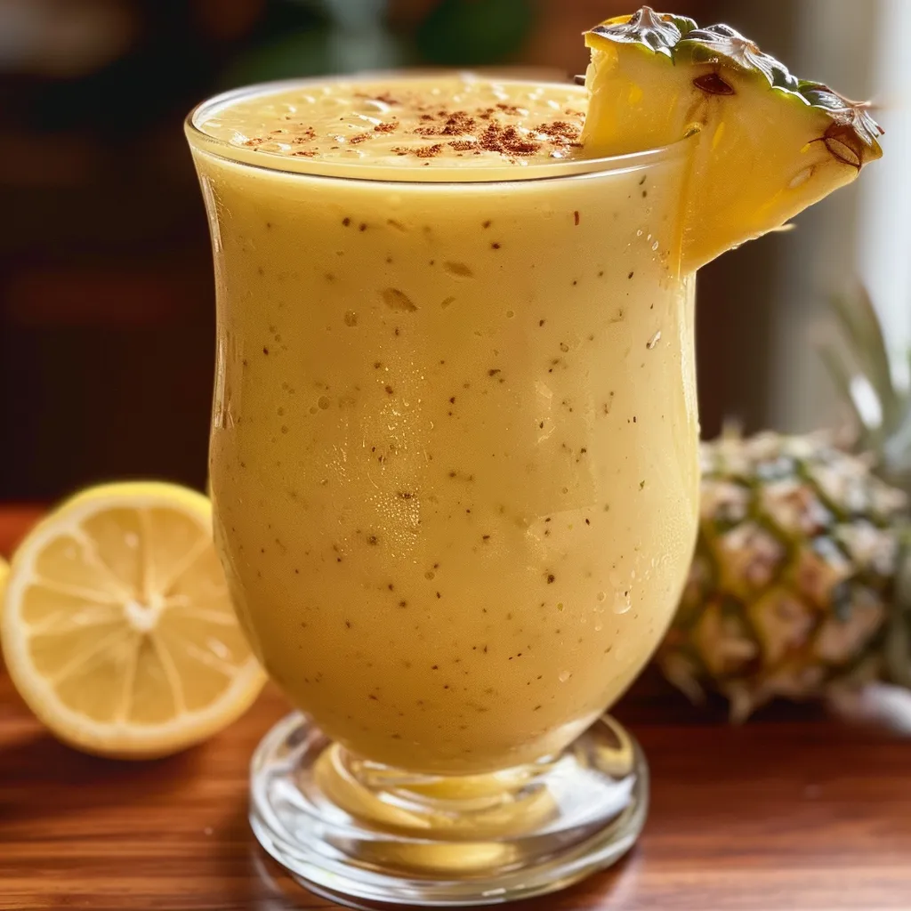 Batido Detox de Piña y Jengibre en un vaso transparente con trozos de piña.