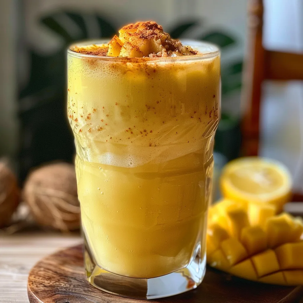 Primer plano de un batido de piña y jengibre, decorado con rodaja de limón.