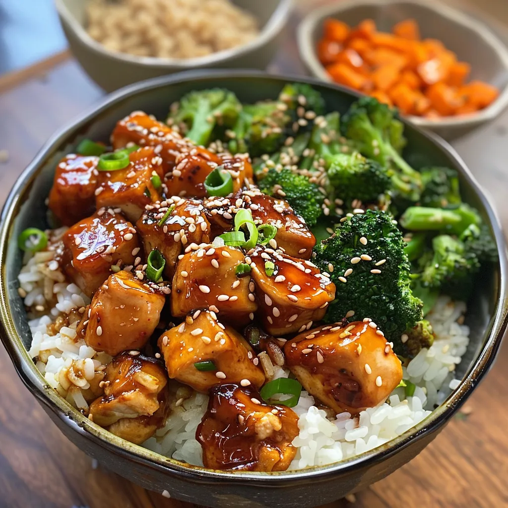 Tazón de pollo teriyaki con arroz jazmín, zanahorias y brócoli.