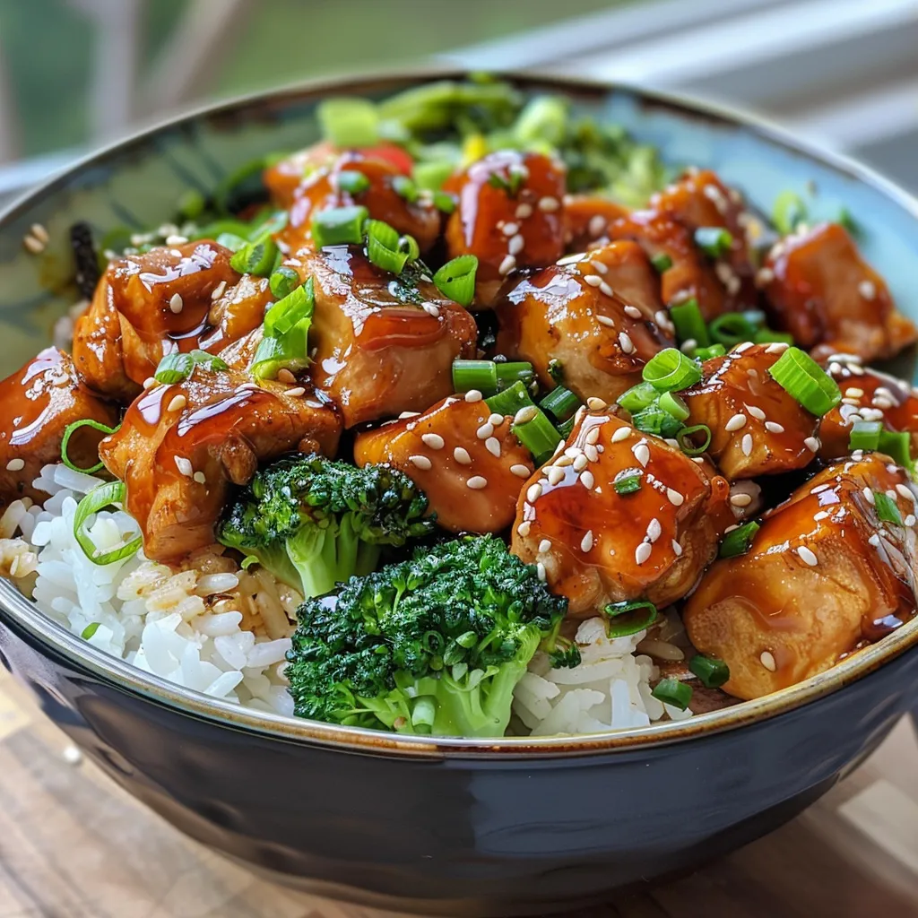 Primer plano de Bowl de Pollo Teriyaki con ingredientes frescos.