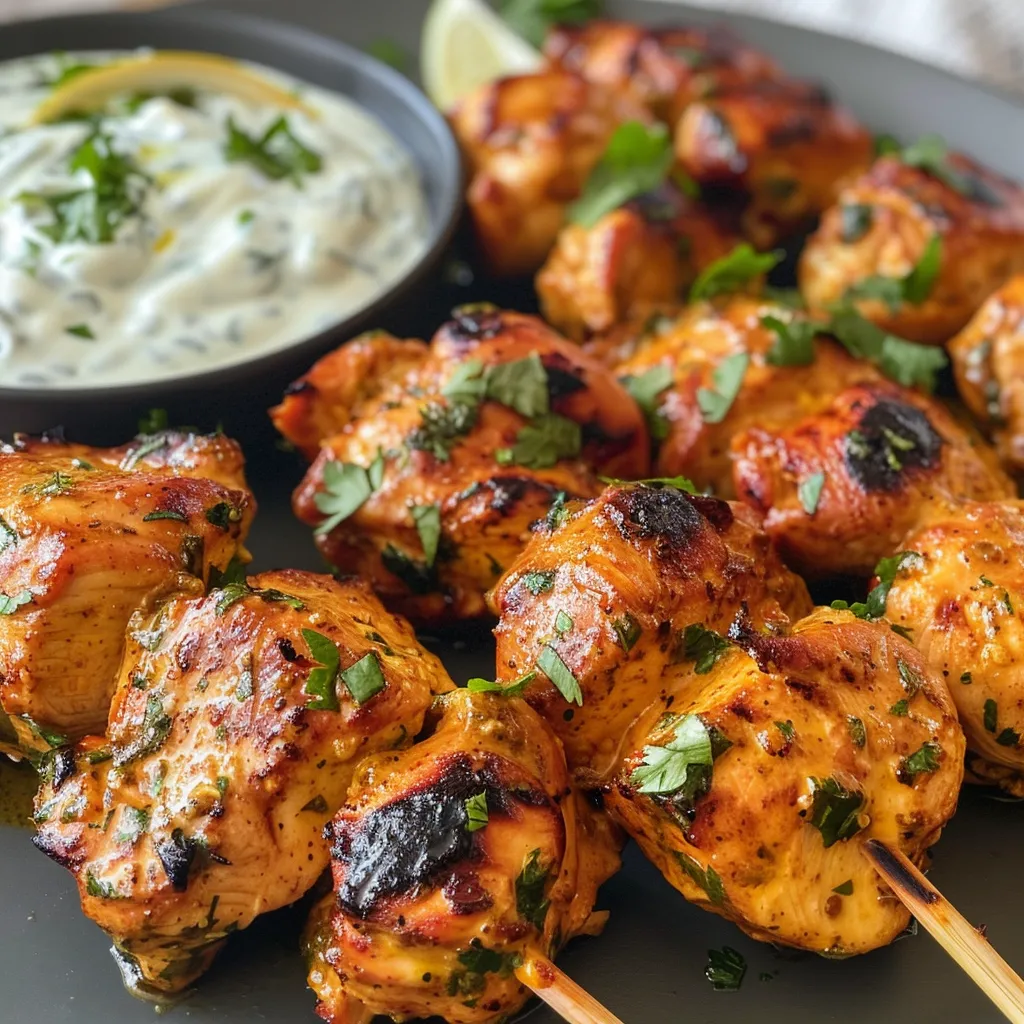 Brochetas de pollo al curry con salsa tzatziki en un plato.