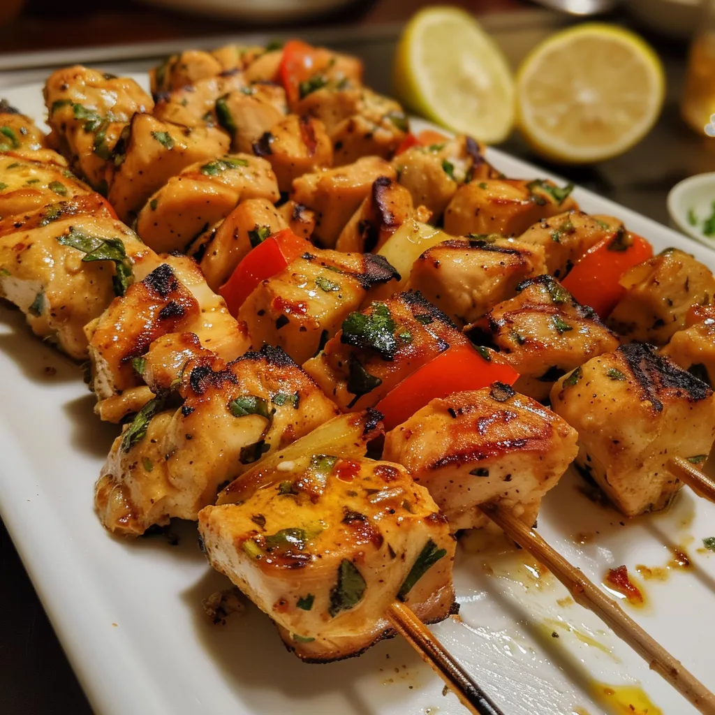 Brochetas de pollo marinadas con salsa de yogur en un plato.