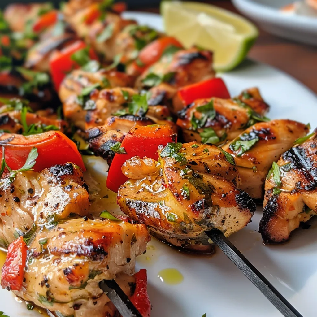 Close-up de brochetas de pollo acompañadas de rodajas de pepino y tomates.