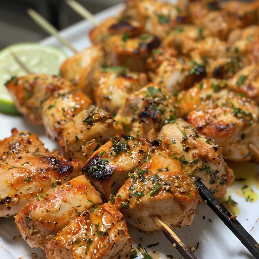 Brochetas de pollo jugosas con salsa de yogurt y pepino en un plato.