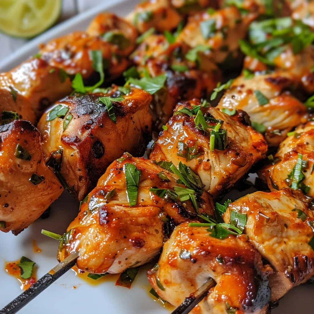 Vista lateral de brochetas de pollo con salsa cremosa acompañada de vegetales.