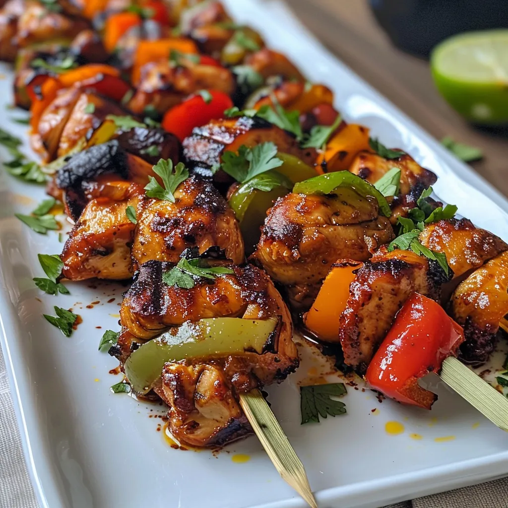 Primer plano de brochetas de pollo y vegetales asados.