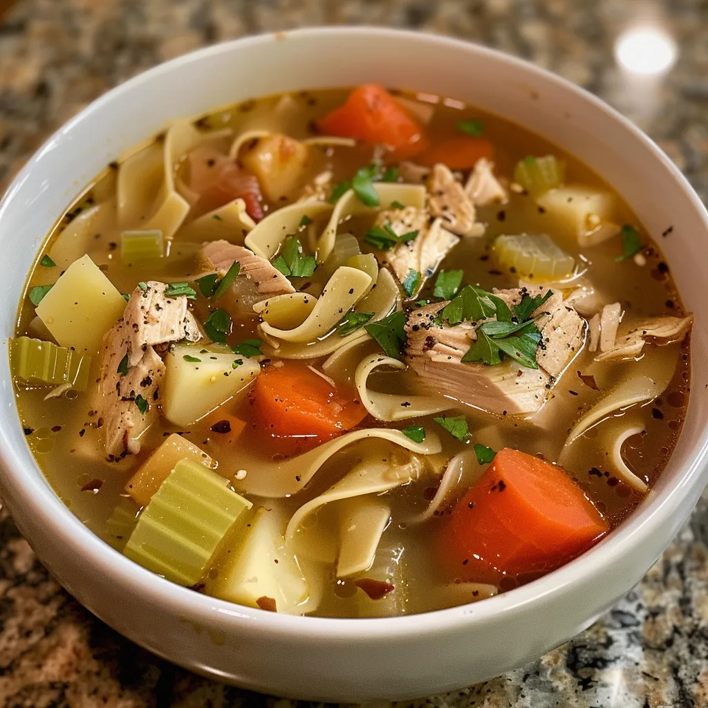 Primer plano de Sopa de Pollo con Fideos, con verduras y hierbas sobre un fondo de madera.
