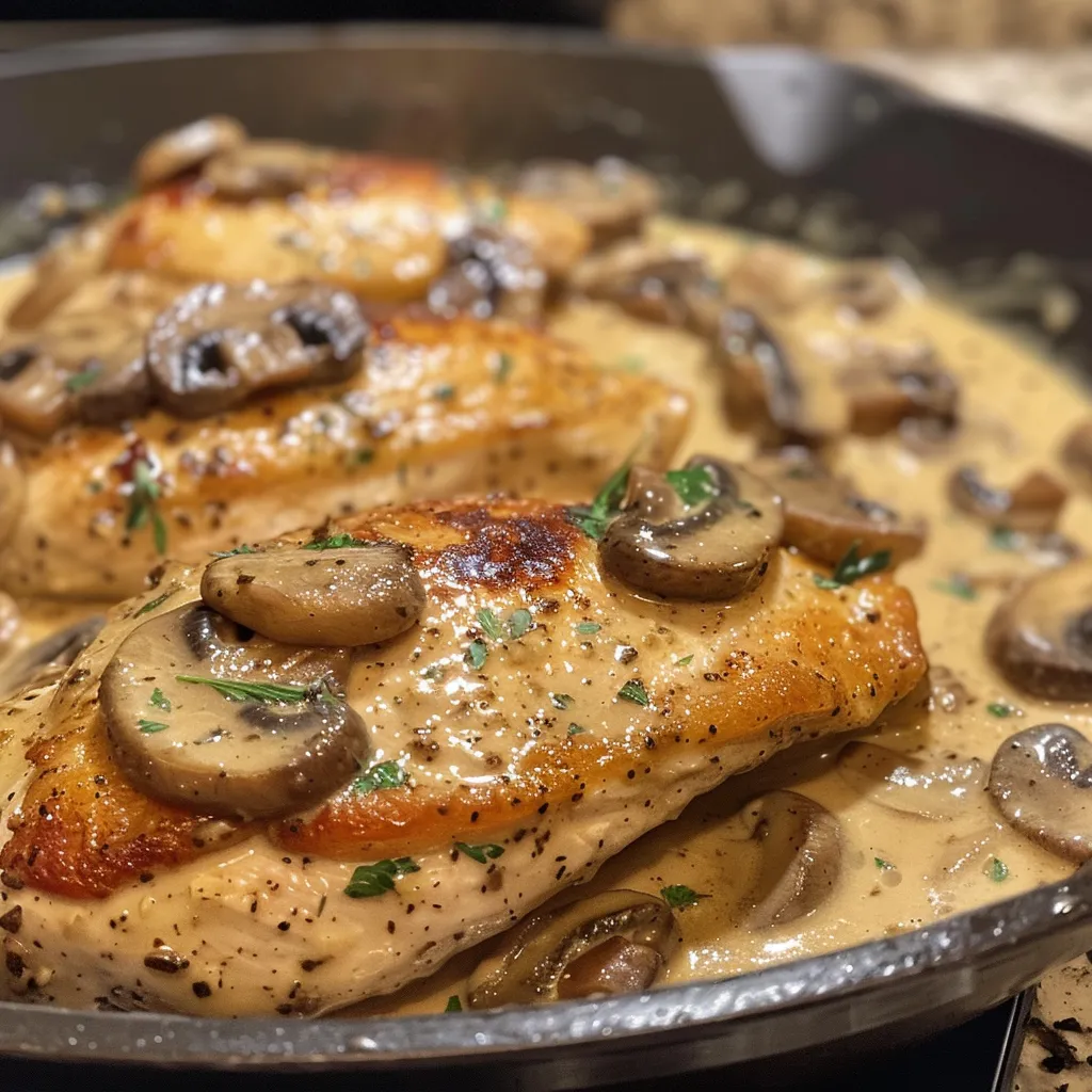 Tierno pollo en salsa de champiñones crema, con trozos de champiñones visibles.