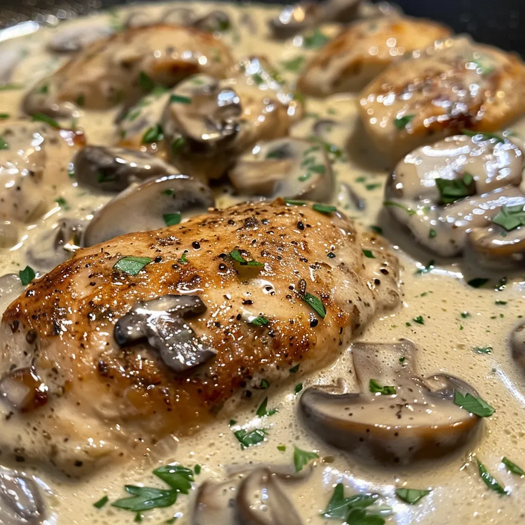 Placa de pollo con crema de champiñones y hierbas, presentado en un plato.