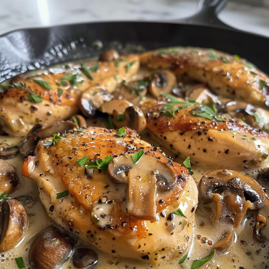 Tazón de crema de pollo con champiñones, mostrando trozos de pollo tierno y hongos en una salsa cremosa.