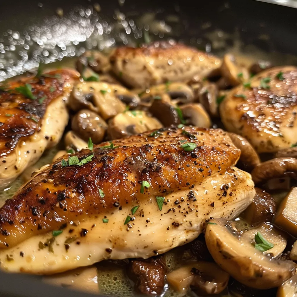 Primer plano de un plato de crema de pollo, con champiñones y una textura suave y jugosa.