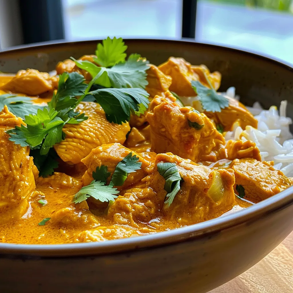Primer plano de un delicioso curry de pollo suave en un plato blanco.